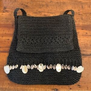 Two By Two Capiz Shell Trim Boho Woven Knit Shoulder Bag Black